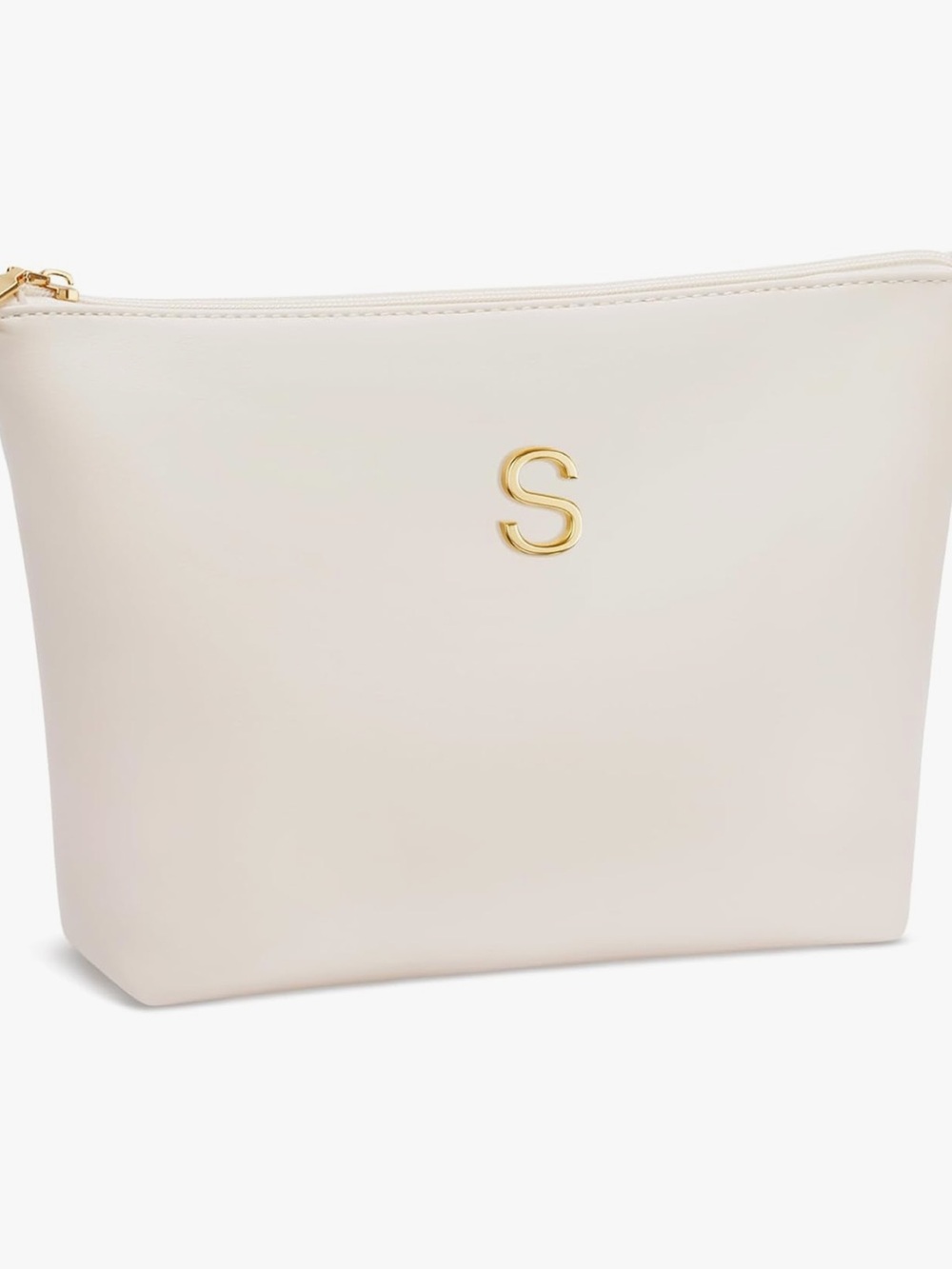 NWOT Boutique Faux Leather S Initial Cosmetic Travel Make Up Zipper Pouch, Beige